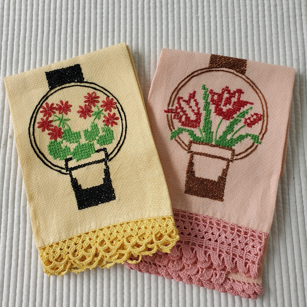 2 Cross Stitch Hand Towels Pink Yellow Vintage 23.5"x13.5" Lace Trim Handmade
